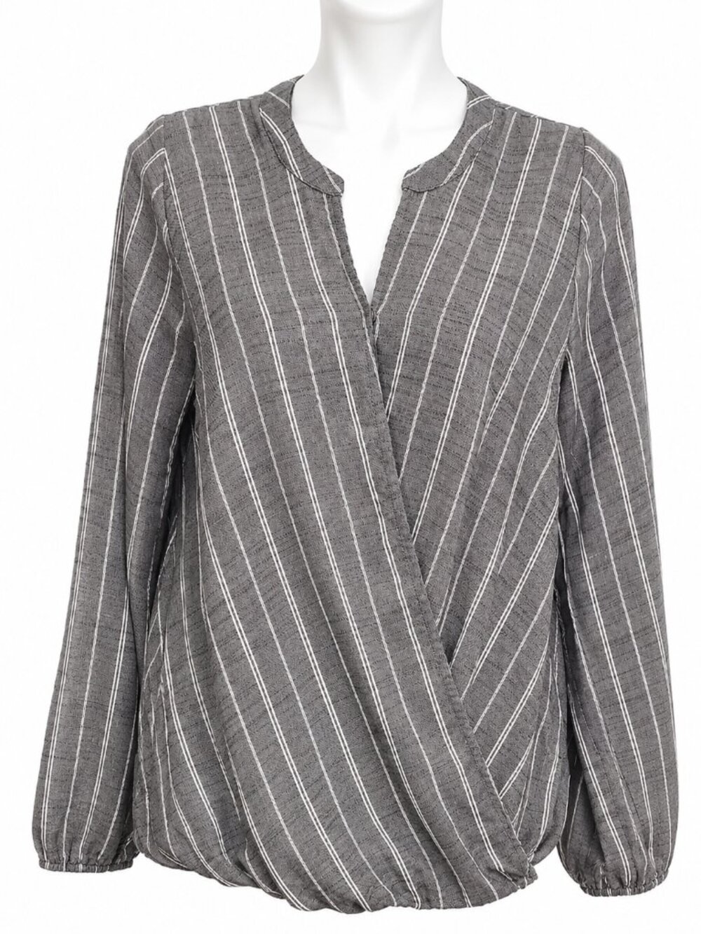 Small lightweight gray summer blouse, subtle white stripes. Casual or Dressy